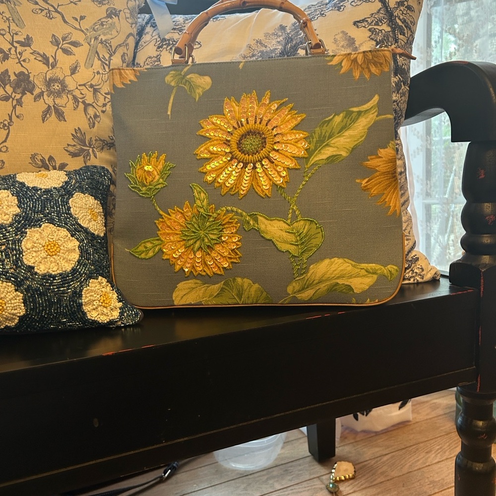 Embroidered Sunflower Top-Handle Bamboo Bag in Sage Green and Mustard